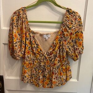 Floral Puff Sleeve Top - Yellow and Orange